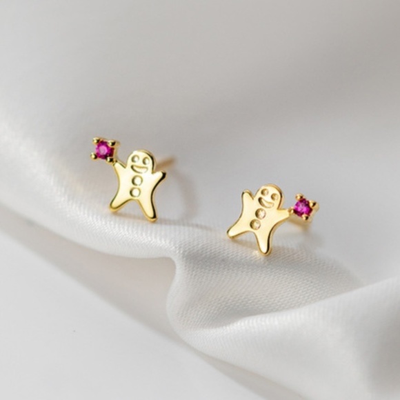 Sterling Silver Cute Gold Gingerbread Cookies Pink Rhinestones Holiday Stud Earr - Picture 5 of 5